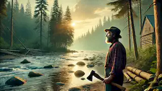 An elderly Liam stands by the riverbank at sunset, holding his axe and reflecting on his life of honesty.