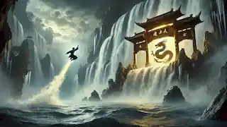 Li leaps over the waterfall toward the glowing Dragon Gate, his body transforming into a mighty dragon.