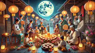 Families gather under a full moon, enjoying mooncakes and lanterns, while elders share stories.