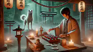 Hayato performs a purification ritual at a shrine to bind the Inugami