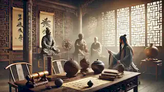 Ancient Chinese philosophers study Tao Tie artifacts in a serene, sunlit study surrounded by scrolls and books.