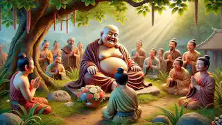 Villagers gathered peacefully around the Laughing Buddha’s resting place under a tree, paying their respects.