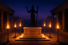 Un altar de alabastro bajo un cielo estrellado, mientras las llamas danzan alrededor de una estatua de la diosa Inanna.