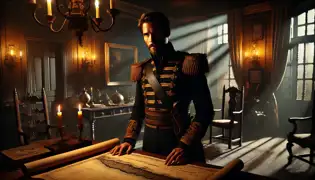 Captain Esteban de Valverde, in a dark Spanish military uniform, studies a map of Cuba in a dimly lit colonial office.