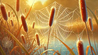 Im Morgenlicht schimmerndes Spinnennetz, das zwischen den Riedgräsern gespannt ist