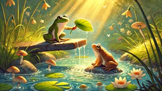 Frosch hilft Kröte beim Überqueren eines regnerischen Baches im Wiesental