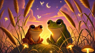 Frosch und Kröte lassen Glühwürmchen bei Dämmerung als Laternen aufsteigen.