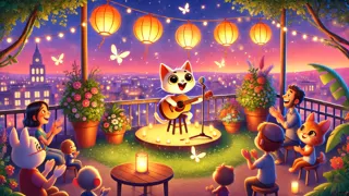 Pete the Cat, der auf einer Dachbühne bei Sonnenuntergang auftritt, während Laternen leuchten und Glühwürmchen umherwirbeln.