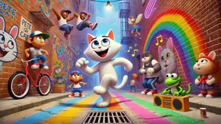 Pete der Katze, der mit Breakdancern tanzt und eine xylophonähnliche Raspel in einer mit Wandbildern gesäumten Gasse spielt