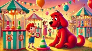 Clifford offering his paw to help a child with a carnival game at the bustling midway