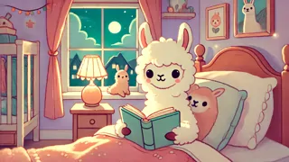 Llama Llama tucked in bed with a favorite book as soft lamplight guides his bedtime story