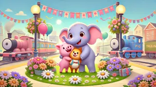 Elefante e porquinho acenando adeus, enquanto uma surpresa os espera