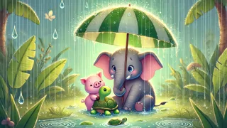Elefante e Porquinho se refugiam debaixo de um guarda-chuva gigante na chuva.