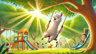 Llama Llama swinging high on a park swing under shady trees with a bright playground behind