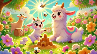 Llama Llama playing with friends among blooming flowers and buzzing bees in a sunny garden