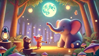 Elefante e Porquinho ouvindo uma melodia inquietante sob a luz do luar