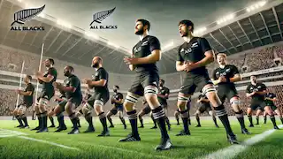 The New Zealand All Blacks rugby team performing the haka in a stadium before a match, with spectators in the background.