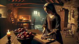 A stepmother chops apples in a dark, medieval kitchen with a cold and calculating expression.