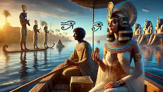 Scribe and priestess journeying on a boat along the Nile, surrounded by papyrus reeds and golden sunlight.