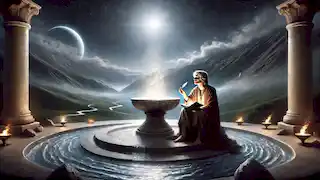 Darian sits beside the glowing Silver Fountain at night, writing in a journal under a serene moonlit sky.