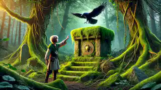 Erik touches the glowing raven-shaped amulet on a moss-covered pedestal in the ruins of the Black Forest.