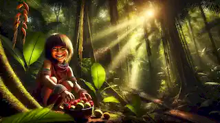 Young Indigenous boy gathering fruits in the Amazon rainforest, smiling with joy and innocence.