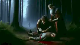 The king kneels beside a wounded man, bandaging his side while the hermit stands watching in concern.