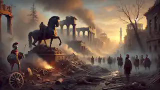  The ruins of Troy smolder in the dawn light, with Greek soldiers surveying the destruction and victory.