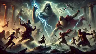 Zeus, Poseidon, and Hades battling Cronus and the titans on a stormy battlefield with mountains and crashing seas.