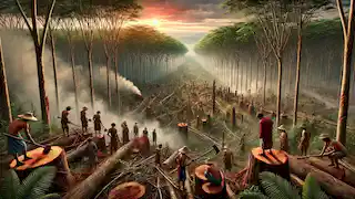 Workers cut down trees in the Amazon to clear land for rubber plantations, with smoke rising and a setting sun in the background.