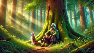 Elderly Hiroshi sits beside the bake-danuki in the forest, sharing a quiet farewell.