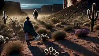 Leona walks alone in the desert at twilight, followed by a dark silhouette moving through the cacti behind her.