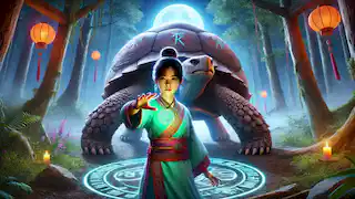 Village girl Mei stands bravely with the Black Tortoise, holding a glowing jade pendant near a moonlit lake.