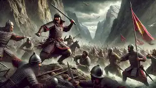 Manas leads an ambush against the Kalmyk forces in a narrow mountain pass during a fierce battle.