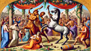  A wedding feast turns chaotic as a centaur grabs the bride, surrounded by humans and centaurs in a festive setting.