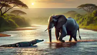 The Elephant and Crocodile crossing a wide river together, guided by their bond of friendship.