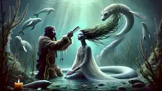 Shaman Qiluq combs Sedna's hair underwater as marine animals swim around them in glowing light.