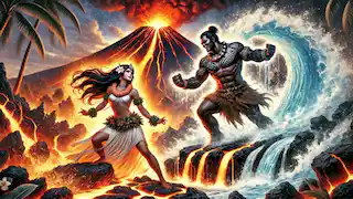 Kamapua'a and Pele in a fierce battle, with fire and water clashing against each other