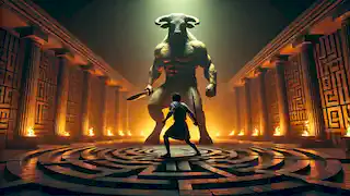 Theseus confronts the Minotaur in the labyrinth, standing ready with his sword as the towering beast prepares to attack.