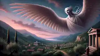 Celaeno soars over a peaceful Greek valley at twilight, her wings casting a gentle shadow as dusk settles.