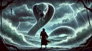 Awan stands at the stormy lake’s edge, ready for his sacrifice, while the Great Serpent coils in the water and watches.