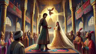 Arash and Aylin defy King Rostam in a Persian palace as divine light begins to descend upon them.