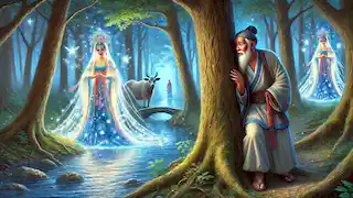  Niulang, the cowherd, watches Zhinu and celestial maidens bathing in a serene river in a magical forest.