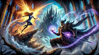 Elara battling the dark sorcerer Malakar in his fortress.