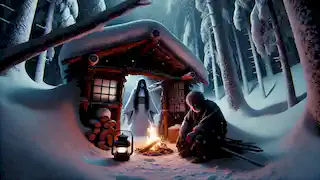 Yoshiro, an elderly woodcutter, sits inside a cave while Yuki-onna appears at the entrance during a blizzard.