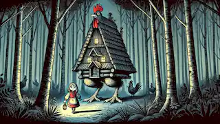 Vasilisa, a young girl with a determined expression, approaches Baba Yaga's hut in the dark forest.