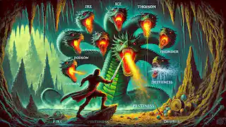 Rustam battling the seven-headed dragon in a glowing cavern, each head unleashing a unique and deadly attack.