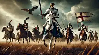 King Arthur leads his knights into battle, holding Excalibur high as dark clouds loom over the battlefield.