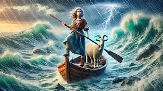 Tatterhood stands confidently on a wooden boat in a stormy sea, holding her wooden spoon with her goat beside her.