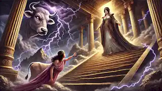 Hera stands on a staircase, looking down at a woman turned into a cow in a scene of righteous anger and lightning.